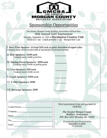 GMCBA Morgan County 2024 Golf Tournament Sponsorship Sheet